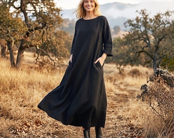 Anysize Custom Linen Cotton Maxi Dress with 3/4 Sleeves Casual Loose Dress with Pockets Spring Fall Plus Size Dress F70HN