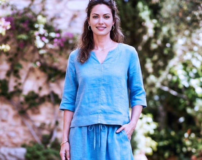 Anysize Custom 100% Linen V Neck Top for Women 3/4 Sleeve Linen Blouse Relaxed Fit Summer Shirt Minimal Natural Clothing F84UL