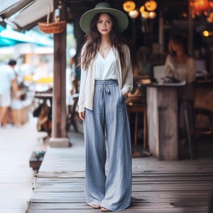 Anysize custom 100% linen wide leg pants with pockets drawstring elastic waist spring summer plus size pants plus size clothing F43CL