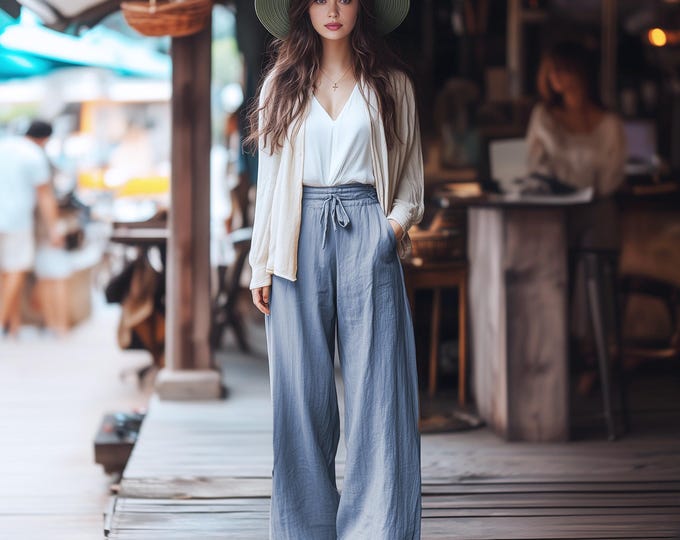 Anysize custom 100% linen wide leg pants with pockets drawstring elastic waist spring summer plus size pants plus size clothing F43CL