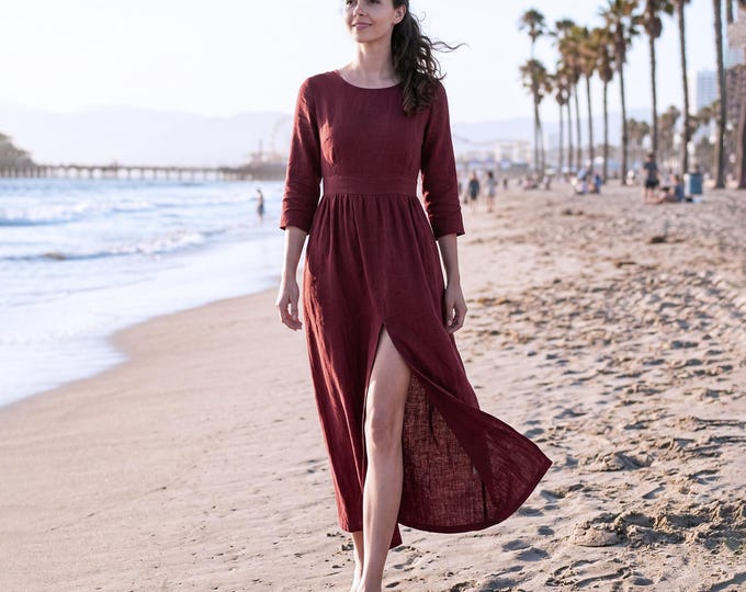 Anysize Custom 100% Linen Maxi Dress for Women High Waist Dress With Pockets 3/4 Sleeve Beach Dress Side Slit Summer Plus Size Dress F70VL