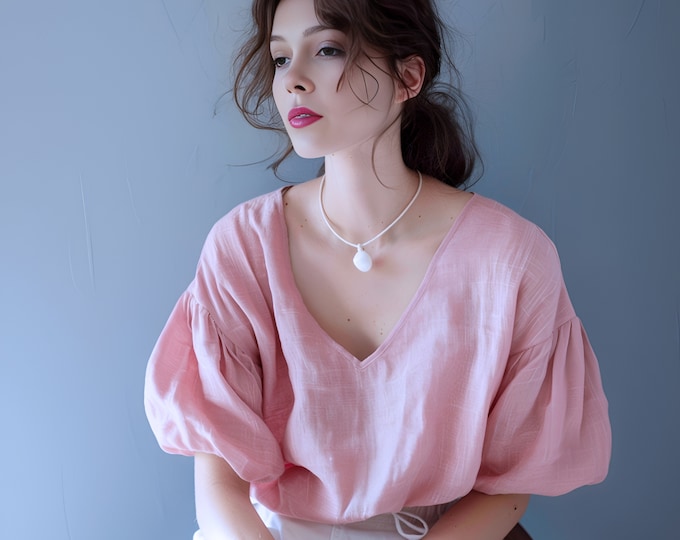 Anysize custom 100% linen bubble sleeves V-neck vogue casual loose summer tops linen t-shirts plus size tops plus size clothing F415L