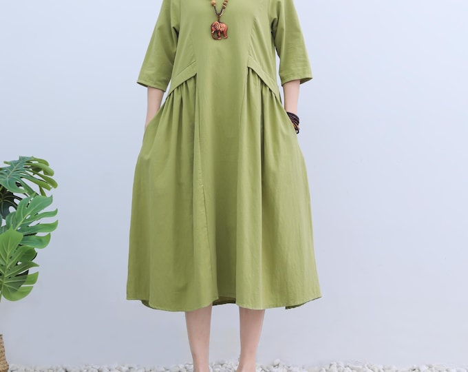 Anysize 3/4 sleeves with side pockets A-line soft linen cotton shirred spring summer fall dress plus size dress plus size clothing F235Q