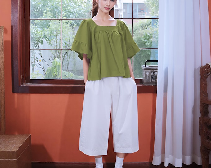 Anysize soft linen cotton tops square neck lotus leaf sleeves summer tops casual loose tops plus size tops plus size clothing F13DQ