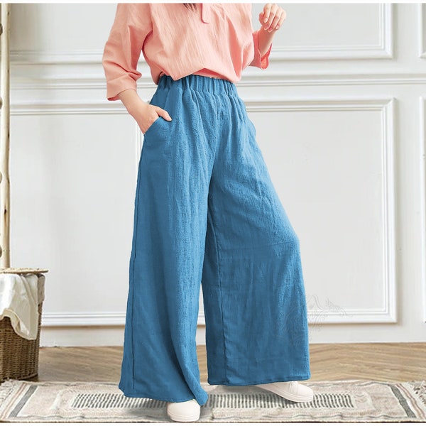 Anysize double-layer elastic waist linen cotton culottes pants 4-season casual loose plus size trousers oversized wide leg pants P38F