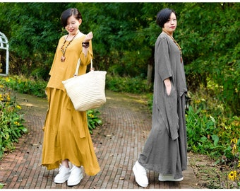 Anysize with side pockets casual loose soft linen cotton maxi dress spring summer fall plus size dress plus size clothing T285A