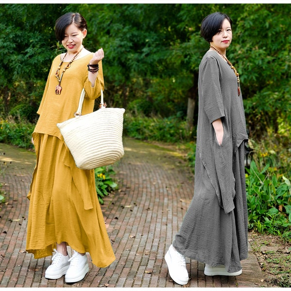 Anysize with side pockets casual loose soft linen cotton maxi dress spring summer fall plus size dress plus size clothing T285A