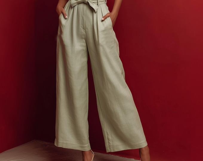 Anysize custom 100% linen wide leg pants with pockets high elastic waist spring summer plus size pants plus size clothing F73YL