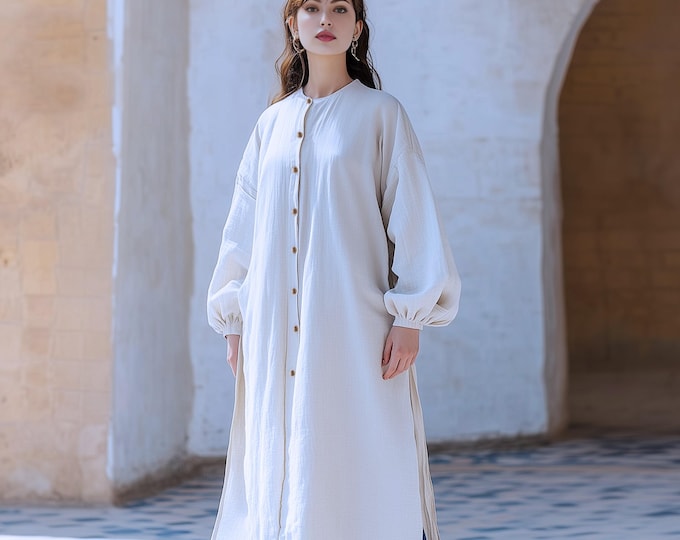 Anysize custom linen cotton side slit puff sleeves shirt dress with side pockets spring fall retro plus size dress plus size clothing F34CN