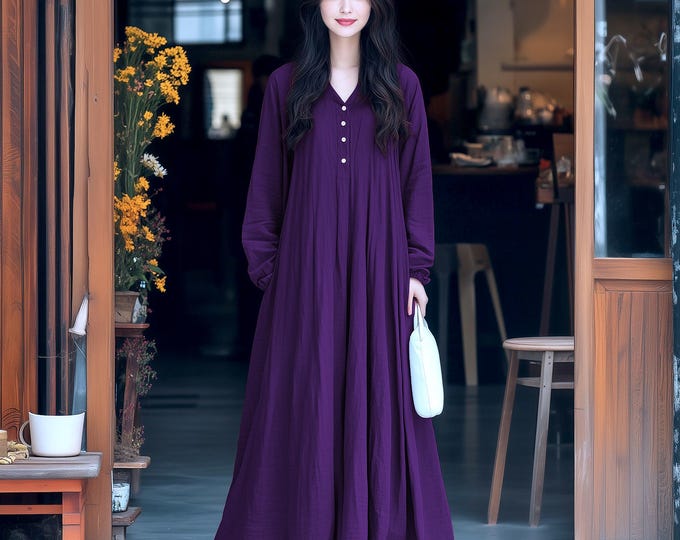 Anysize custom v neck soft linen cotton plus size dress with functional buttons side pockets spring fall plus size clothing F926E