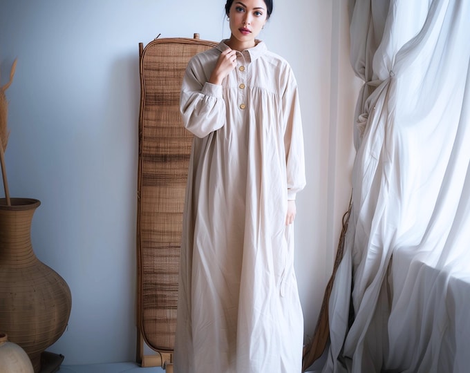 Anysize linen cotton puff sleeves shirt dress buttoned with side pockets spring fall retro plus size dress plus size clothing F76YN