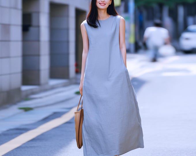 Anysize custom 100% linen round neck sleeveless loose maxi dress with side pockets spring summer plus size dress plus size clothing F72DL