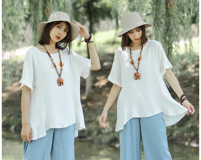 Anysize flowy tops with ruffle sleeves soft linen cotton blouse spring summer fall loose tops plus size shirt plus size clothing T181E