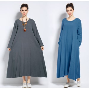 Anysize With Side Pockets Long Sleeves Soft Linen Cotton Loose Dress ...