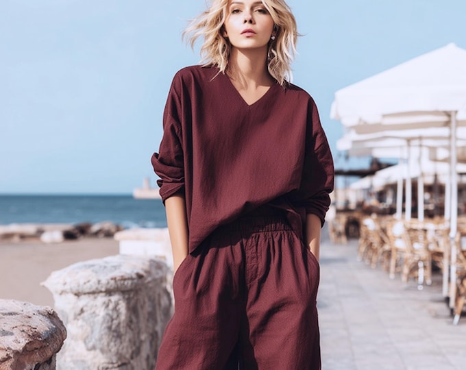 Anysize custom linen cotton V neck tops with long sleeves loose plus size tops spring fall tops plus size clothing F24SN