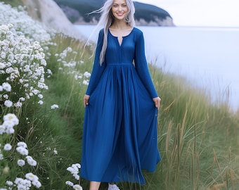 Anysize custom 100% linen V-neck maxi dress with side pockets pleated retro loose spring summer fall plus size dress F59AL