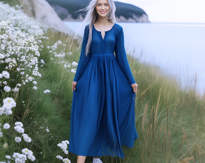 Anysize custom 100% linen V-neck maxi dress with side pockets pleated retro loose spring summer fall plus size dress F59AL