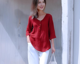 Anysize custom soft linen cotton 3/4 sleeves buttoned wide deep v neck spring fall casual loose plus size tops plus size clothing F555E