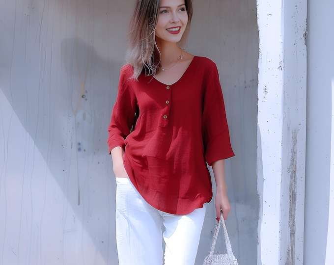 Anysize custom soft linen cotton 3/4 sleeves buttoned wide deep v neck spring fall casual loose plus size tops plus size clothing F555E