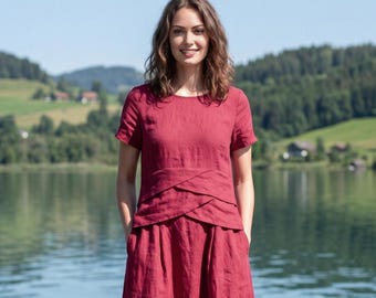 Anysize Custom 100% Linen Tops Short Sleeve Blouse with Layered Waist Detail Casual Summer Loose Linen Shirt Plus Size Tops F6WL