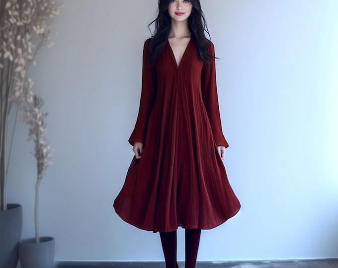 Anysize custom flare sleeves midi dress deep v neck soft linen cotton plus size dress with side pockets spring fall plus size clothing F870E