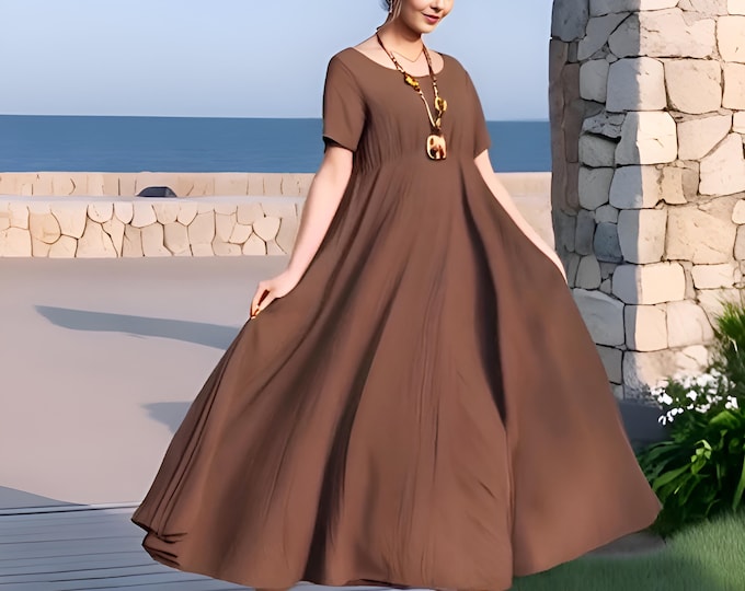 Anysize custom soft linen cotton plus size dress short sleeves with side pockets full skirt spring summer plus size clothing F38CE