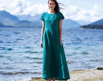Anysize Custom 100% Linen Maxi Dress Panel Seam A-Line Structured Waist Dress Minimalist Summer Dress with Pockets Back Zipper F9WL