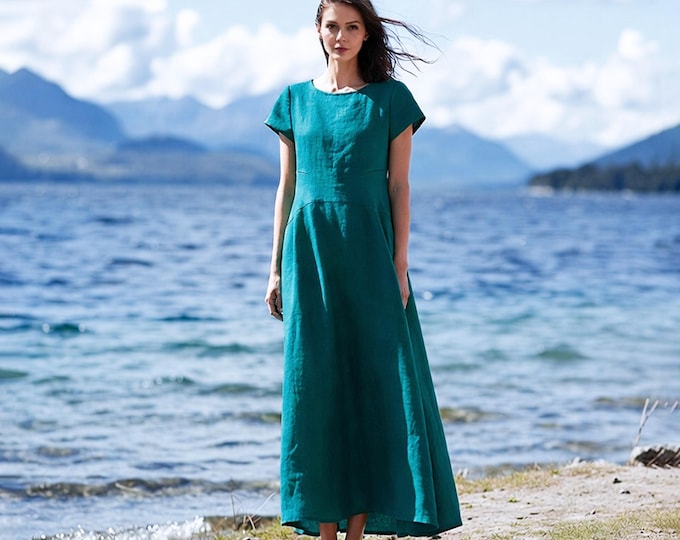 Anysize Custom 100% Linen Maxi Dress Panel Seam A-Line Structured Waist Dress Minimalist Summer Dress with Pockets Back Zipper F9WL