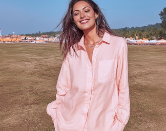 Anysize custom buttoned 100% linen long sleeves blouse plus size T-shirt plus size tops spring summer plus size clothing clothing F82DL