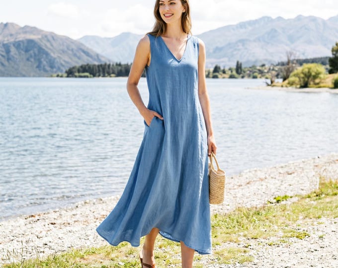 Anysize Custom 100% Linen Maxi Dress Sleeveless Loose Fit Summer Dress V Neck Minimalist Linen Dress with Pockets F42WL