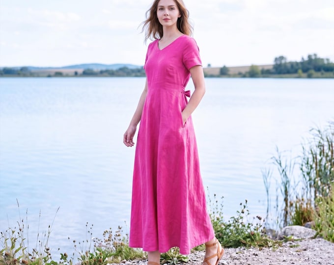 Anysize Custom 100% Linen Maxi Dress with V Neck and Tie Back Waist Short Sleeve A-Line Summer Dress Casual Dress with Pockets F8WL