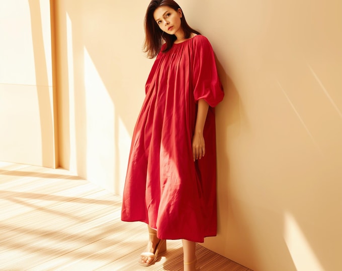 Anysize custom 100% linen puff sleeves neck pleated dress with side pockets spring summer maxi plus size dress plus size clothing F42JL