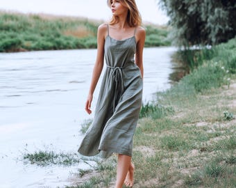 Anysize custom 100% linen sleeveless loose dress with side pockets waist ropes spring summer plus size dress plus size clothing F49DL