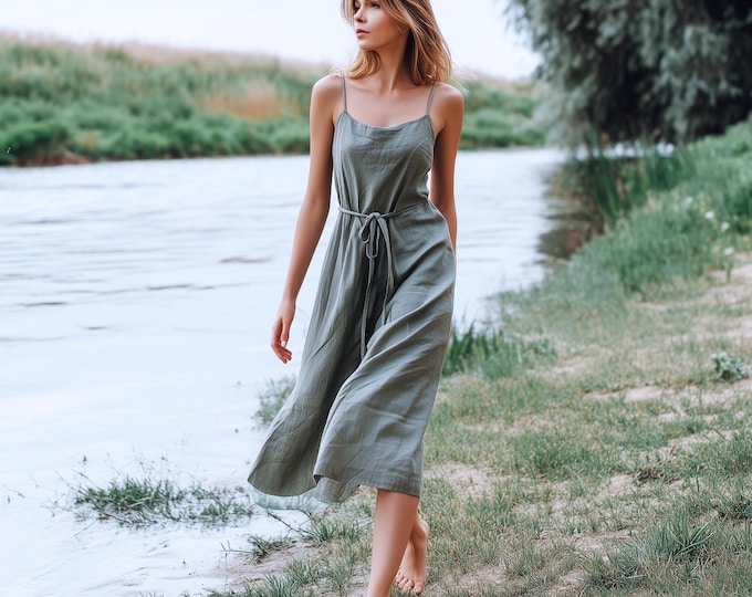 Anysize custom 100% linen sleeveless loose dress with side pockets waist ropes spring summer plus size dress plus size clothing F49DL