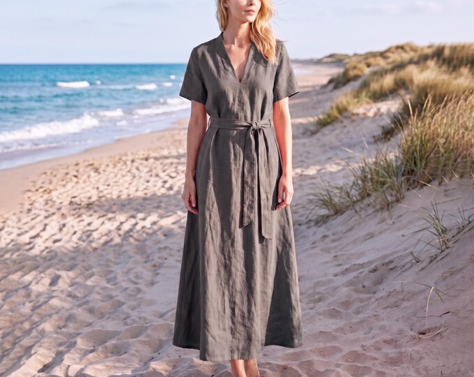 Anysize Custom 100% Linen V Neck Short Sleeve Dress Belted Adjustable Waist A Line Dress Casual Loose Summer Dress With Pockets F47WL