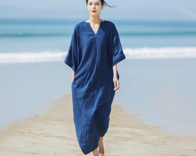 Anysize custom 100% linen V-neck maxi dress with 3/4 sleeves side pockets retro loose spring summer plus size dress F71RL