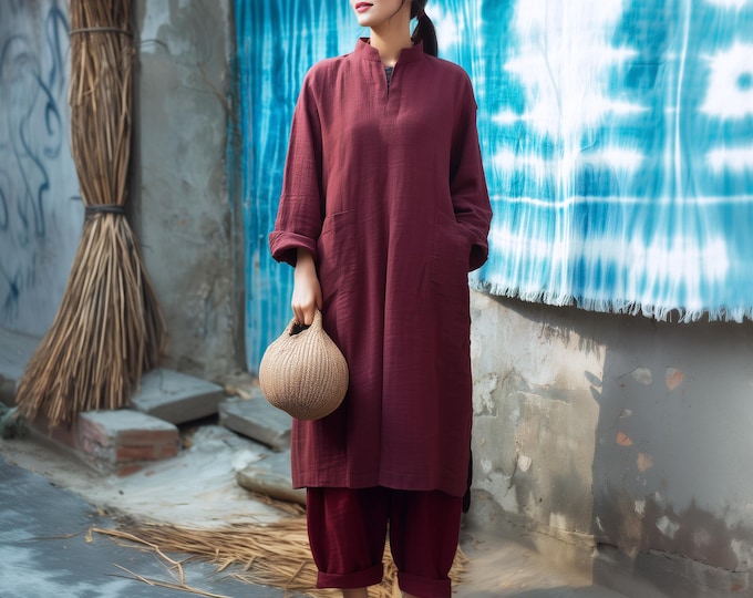 Anysize custom v neck long sleeves linen cotton dress with side pockets spring fall retro plus size dress plus size clothing F94YN