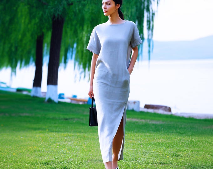 Anysize custom short sleeves 100% linen dress side split maxi dress with side pockets spring summer plus size dress plus size clothing F38JL