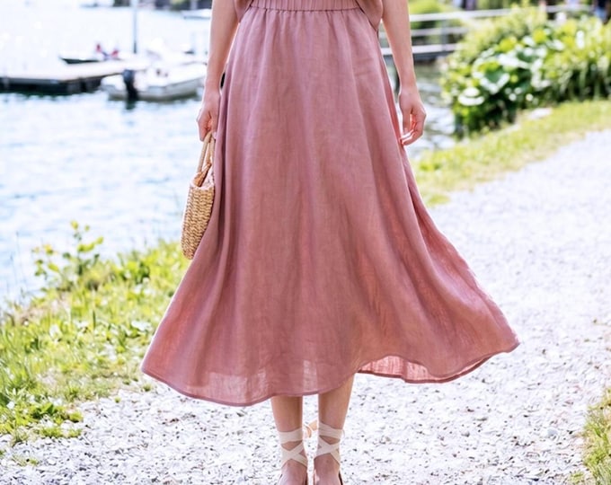 Anysize Custom 100% Linen A Line Skirt Women Elastic Waist Linen Skirt Flowy Plus Size Skirt Minimalist Summer Skirt With Pockets F56WL