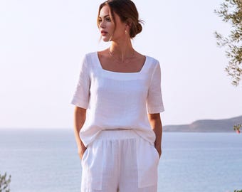 Camicetta estiva minimalista con scollo quadrato, vestibilità comoda, 100% lino, personalizzata, taglie forti, F57UL