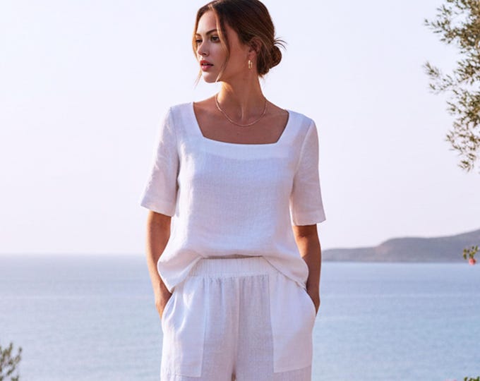 Anysize Custom 100% Linen Square Neck Blouse Minimalist Summer Top Relaxed Fit Short Sleeve Linen Shirt Plus Size Clothing F57UL