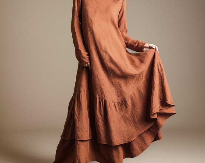 Anysize linen cotton long sleeves layered dress maxi length with side pockets spring fall retro plus size dress plus size clothing F91YN