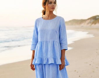 Camicette plissettate con maniche a 3/4 in lino 100% personalizzate di qualsiasi taglia, adorabili top casual larghi primaverili ed estivi, taglie forti, abbigliamento taglie forti F82TL