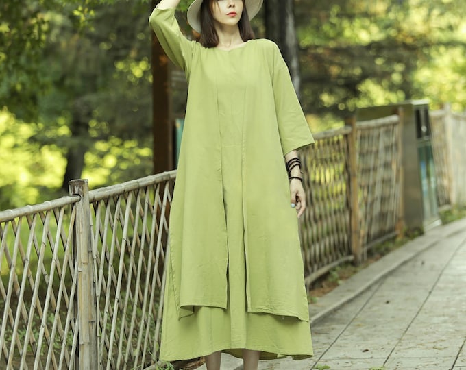 Anysize Custom 100% Linen 3/4 Sleeves Outfit Improved Retro Suit Spring Summer Fall Plus Size Linen Maxi Dress Plus Size Clothing F61TL