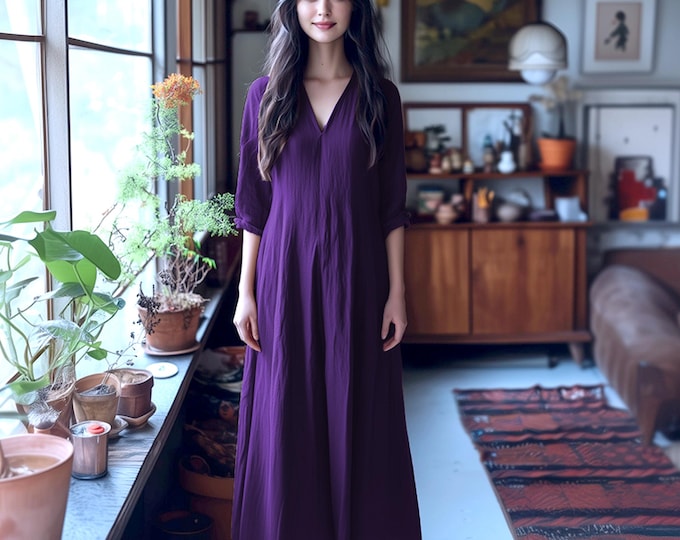 Anysize custom 3/4 sleeves v neck soft linen cotton plus size dress with side pockets spring fall plus size clothing F932E