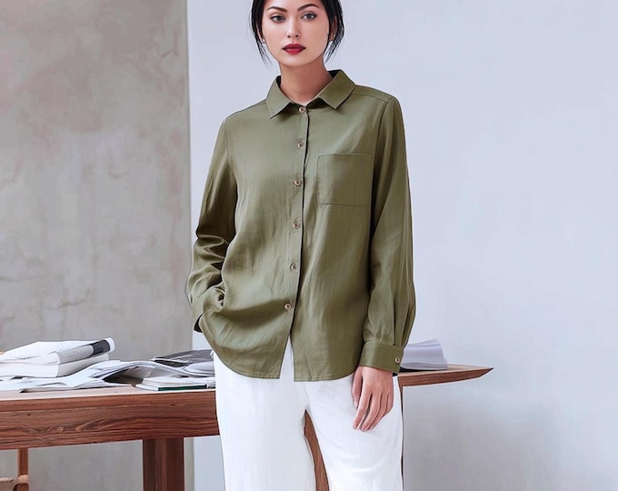 Anysize custom blouse spring fall winter linen cotton shirt with long sleeves plus size blouse plus size tops plus size clothing F10PN