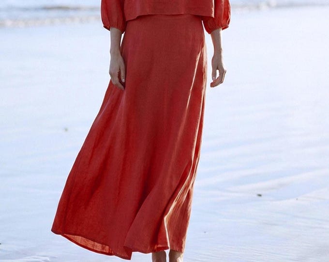 Anysize Custom 100% Linen A-line Skirt Elastic Waist Maxi Length Skirt Spring Summer Plus Size Skirt Plus Size Clothing F80TL