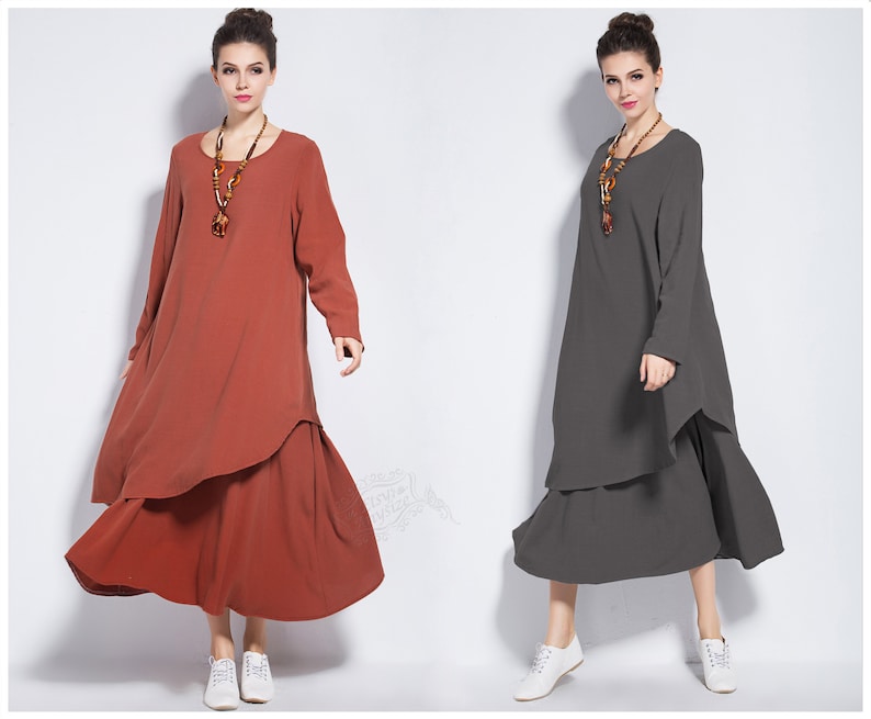 Anysize long sleeves fake two pieces soft linen cotton fall winter dress plus size dress plus size clothing spring fall winter dress Y88 