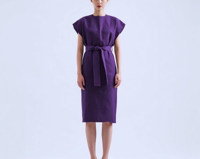 Anysize custom 100% linen dress belted cap sleeves summer dress with side pockets back slit plus size dress plus size clothing F73RL