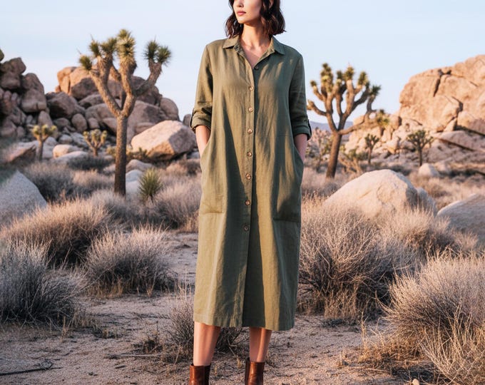 Anysize Custom Linen Cotton Shirt Dress With Pockets Long Sleeves Plus Size Dress Functional Buttons Spring Fall Plus Size Clothing F5TN